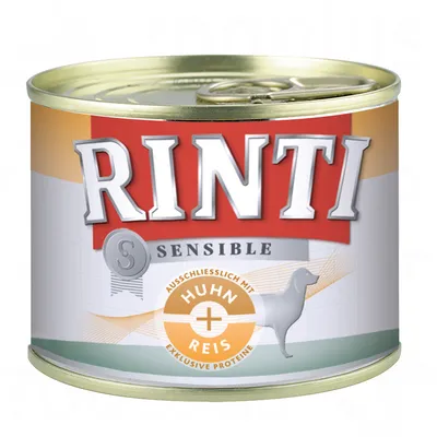 Scatoletta Rinti Sensible, testo visibile: 'Ausschließlich mit Huhn + Reis exklusive Proteine', immagine di cane stilizzato sulla confezione.