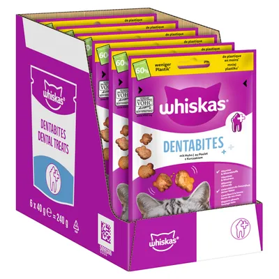 Whiskas Dentabites Dental Treats, 6 x 40 g pakiranje, z vidnim besedilom: 'weniger Plastik', 'VOHC Accepted', 'mit Huhn / z Kurczakiem'. Vijolična embalaža s slikami priboljškov.