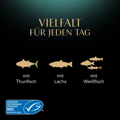 Vielfalt für jeden Tag: mit Thunfisch, mit Lachs, mit Weissfisch. Zertifiziert nachhaltige Meeresfrüchte MSC.