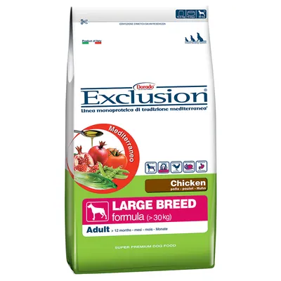 Exclusion Large Breed formula (>30 kg) Adult, Chicken. Linie monoproteică de tradiție mediteraneană. Imagine cu rodie, roșii, salată verde. Pachet 12,5 kg. Produs în Italia.