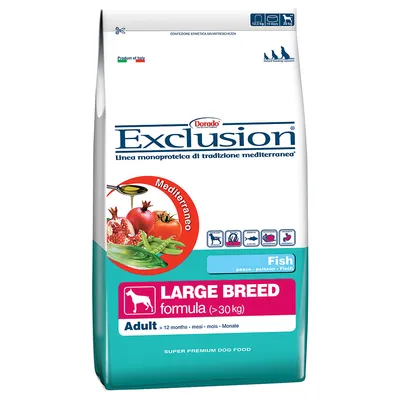 Dorado Exclusion Large Breed formula (>30 kg) Fish, pentru câini adulți peste 12 luni. Linie monoproteică de tradiție mediteraneană. Ambalaj 12,5 kg. Text în italiană și engleză.