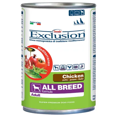 Exclusion All Breed Adult Chicken -koiran märkäruoka, purkki. Etiketissä tekstit: Mediterraneo, pollo, poulet, Huhn, super premium dog food, Product of Italy.