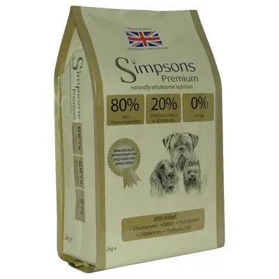 Simpsons Premium dry food, 80% fish, 20% fruit, vegetables and botanicals, 0% grain. With added glucosamine, MSM, chondroitin, cranberries, prebiotics FOS. 2kg bag.