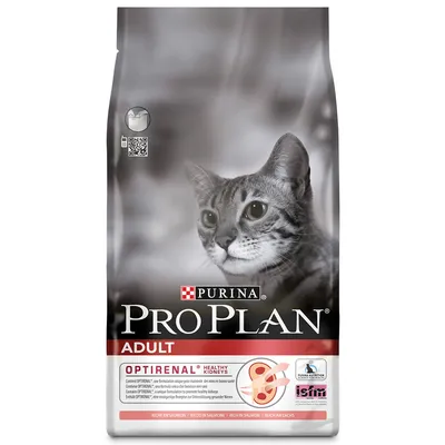 Опаковка Purina Pro Plan Adult за котки, Optirenal Healthy Kidneys, съдържа сьомга. Видими са логото на марката и текст: Riche in Salmon, Purina Nutrition, ISFM.