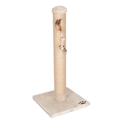 Kradsestolpe i sisal med beige bundplade, hængende legetøjsmus og fjerlegetøj, poteaftryk på hjørnet af bundpladen. Ingen synlige mærker eller tekst.