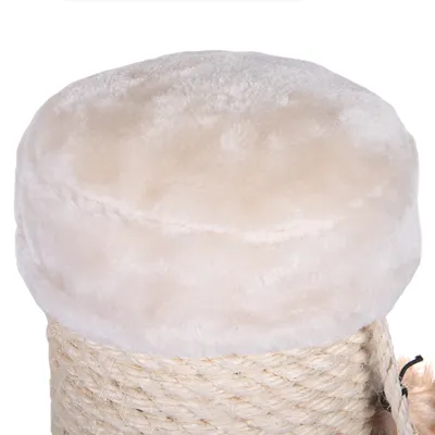 Elemento de árbol rascador con cojín de felpa beige y cuerda de sisal enrollada.