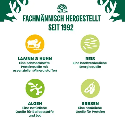 Fachmännisch hergestellt seit 1992. Zutaten: Lamm & Huhn, Reis, Algen und Erbsen mit Angaben zu Protein, Mineralstoffen, Ballaststoffen, Jod und Energiequelle.