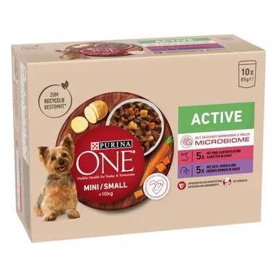 Purina ONE Mini/Small <10kg Active. Υγρή τροφή με βοδινό, πατάτες και καρότα, καθώς και πάπια, ζυμαρικά και πράσινα φασολάκια σε σάλτσα. 10x85g. Υποστηρίζει υγιές μικροβίωμα.
