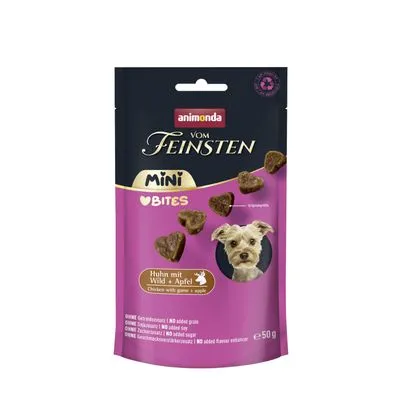 animonda Vom Feinsten Mini Bites Huhn mit Wild + Apfel, 50 g. Zonder toegevoegd graan, soja, suiker of smaakversterkers. Afbeelding van kleine hond op de verpakking.