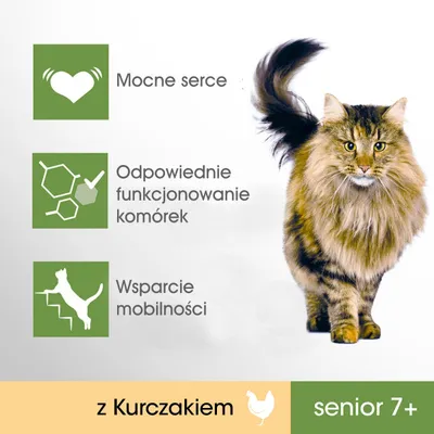 Mocne serce, odpowiednie funkcjonowanie komórek, wsparcie mobilności, z kurczakiem, senior 7+; grafika kota i ikony zalet produktu.