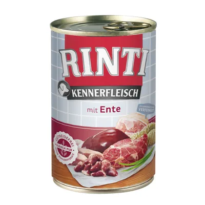 RINTI Kennerfleisch mit Ente, getreidefrei, Fleisch pur, ohne Kohlenhydrate. Abbildung von Fleischstücken auf der Dose.