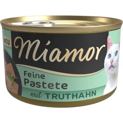 Miamor Feine Pastete mit Truthahn, kattenvoer in blik. Op het etiket staat een witte kat en de tekst 'NEU'.