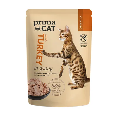 Prima Cat Classic z indykiem w sosie, bez zbóż, bez dodatku cukru. Zawiera 88% składników zwierzęcych w formie filetów.