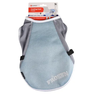 Flamingo Cooling Coat Frozen, taglia 35 cm. Raffredda i cani con il caldo. Colore: grigio e blu. La confezione mostra l’immagine del prodotto e il testo 'Keeps your dog cool'.