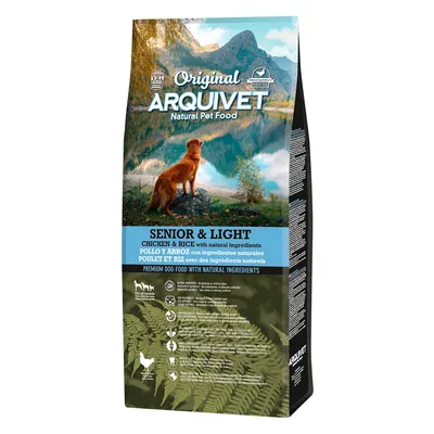 Arquivet Natural Pet Food Senior & Light con pollo y arroz, ingredientes naturales. Pienso premium para perros mayores. El envase muestra un perro en paisaje montañoso.