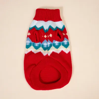Roter gestrickter Hundepullover mit buntem Zickzackmuster und zwei Öffnungen für die Vorderbeine.