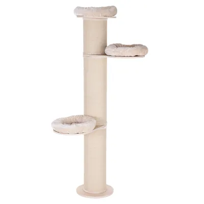Cat tree with three padded resting surfaces and a sturdy sisal post, beige colour.