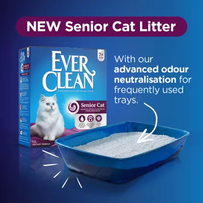 Ever Clean Senior Cat kattsand 10L, för katter 7+ år. Text: NEW Senior Cat Litter, advanced odour neutralisation for frequently used trays. Bild på förpackning och blå kattlåda med sand.