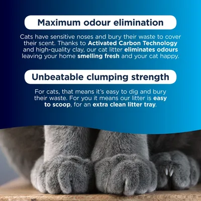 Text highlights maximum odour elimination with activated carbon technology and unbeatable clumping strength, making litter easy to scoop for an extra clean tray.