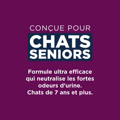 Conçue pour chats seniors. Formule ultra efficace qui neutralise les fortes odeurs d’urine. Chats de 7 ans et plus.
