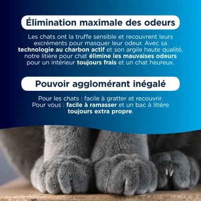 Élimination maximale des odeurs. Technologie au charbon actif, élimine les mauvaises odeurs. Pouvoir agglomérant inégalé, facile à ramasser, litière toujours extra propre.