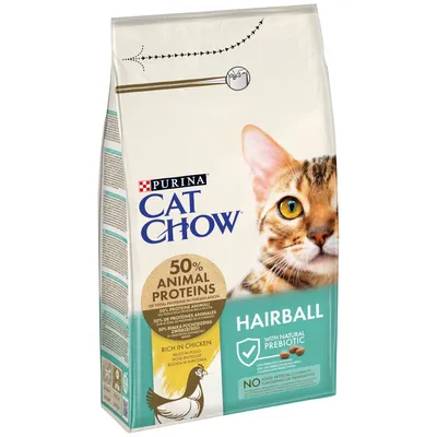 Purina Cat Chow Hairball, 50% proteínas animales, rico en pollo, con prebiótico natural, sin colorantes, aromas ni conservantes artificiales.
