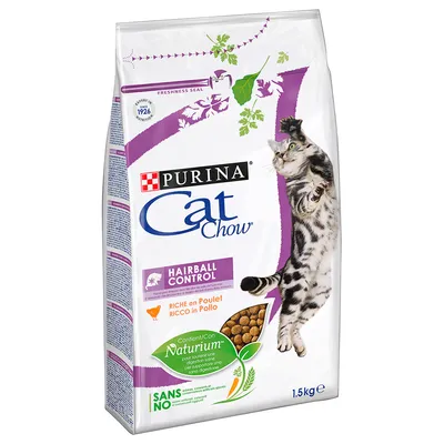 Balení Purina Cat Chow Hairball Control, 1,5 kg. Viditelný text: RICHE en Poulet, Contient Naturium, SANS NO, FRESHNESS SEAL, od roku 1926.