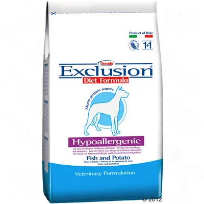 Dorado Exclusion Diet Formula Hypoallergenic Fish and Potato, mono protein source, Veterinary Formulation. Produkt från Italien. Text på engelska och italienska synlig på förpackningen.