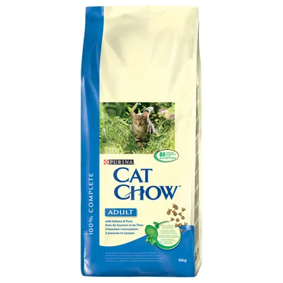 Sac hrană uscată pentru pisici Purina Cat Chow Adult, 15 kg, cu somon și ton. Text vizibil: 100% Complete, 80 years of expertise in nutrition, with Salmon & Tuna.