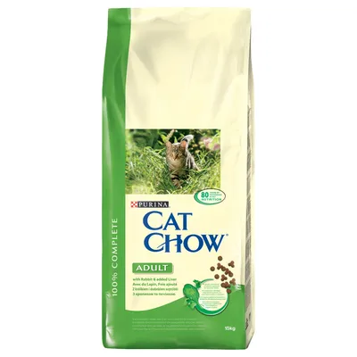 Sac hrană uscată pentru pisici Purina Cat Chow Adult, 15 kg, cu iepure și ficat adăugat. Text vizibil: 100% Complete, 80 years of expertise in nutrition.