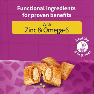 Product features functional ingredients with zinc and omega-6 for proven benefits, supporting healthy skin and coat. Image shows filled treats on a patterned surface.