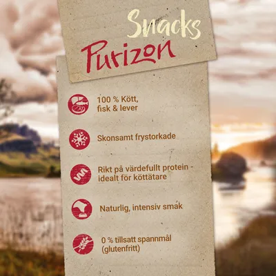 Snacks Purizon. 100 % kött, fisk & lever. Skonsamt frystorkade. Rikt på värdefullt protein – idealiskt för köttätare. Naturlig, intensiv smak. 0 % tillsatt spannmål (glutenfritt).