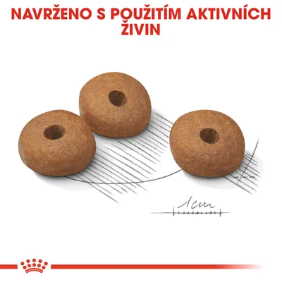 Tři kulaté granule s otvorem uprostřed, měřítko 1 cm. Text: NAVRŽENO S POUŽITÍM AKTIVNÍCH ŽIVIN.