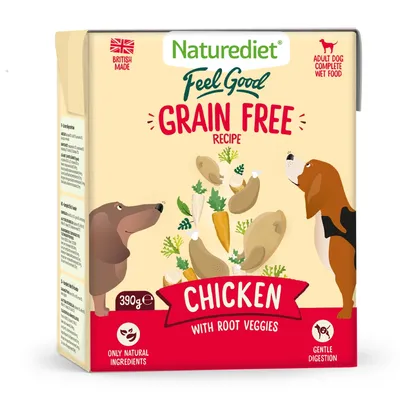 Naturediet Feel Good grain free recipe, chicken with root veggies, adult dog complete wet food, only natural ingredients, gentle digestion, 390g.