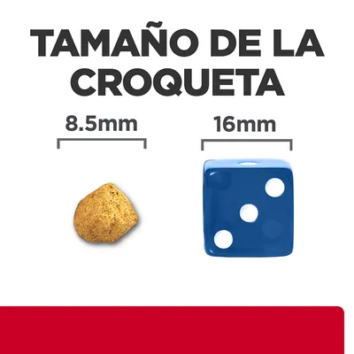 Tamaño de la croqueta: comparación visual con dado azul. Croqueta de 8,5 mm y dado de 16 mm, ambos mostrados bajo el texto 'TAMAÑO DE LA CROQUETA'.