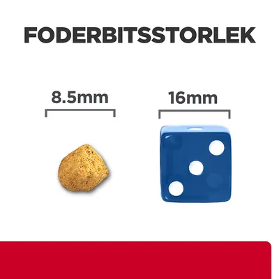 Foderbitsstorlek: foderbit 8,5 mm bred jämförd med blå tärning 16 mm bred. Tydlig storleksskillnad visas visuellt.