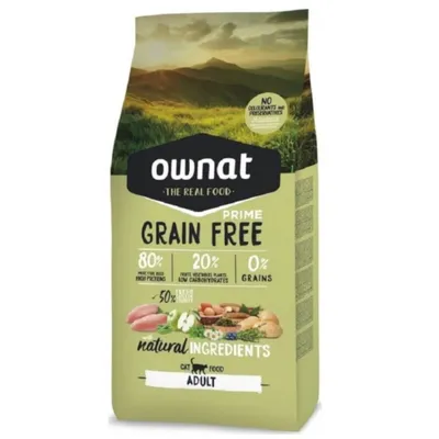 Ownat Prime Grain Free Adult Katzenfutter. 80% Fleisch, 20% Obst und Gemüse, 0% Getreide. Natürliche Zutaten, ohne Farbstoffe und Konservierungsstoffe.