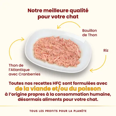 Aperçu des ingrédients : thon de l’Atlantique avec des canneberges, bouillon de thon et riz. Recettes HFC avec viande et/ou poisson de qualité alimentaire pour chats. Aperçu des ingrédients : thon de l’Atlantique avec des canneberges, bouillon de thon et riz. Recettes HFC avec viande et/ou poisson de qualité alimentaire pour chats.