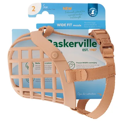 Baskerville Wide Fit Maulkorb Grösse 2, beige. Verbesserte Materialien für Komfort und Stärke. Verhindert Wildtier-Aasfressen. Anpassbar durch Umformen. Anleitung innen.