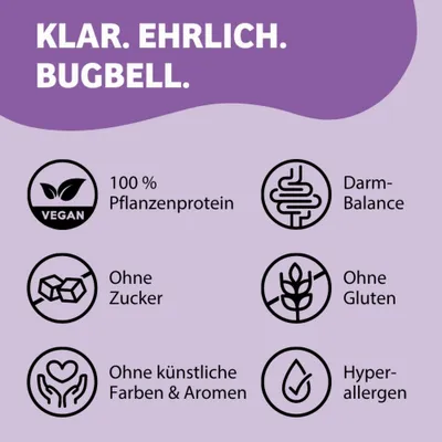 KLAR. EHRLICH. BUGBELL. 100 % Pflanzenprotein, Darm-Balance, ohne Zucker, ohne Gluten, ohne künstliche Farben & Aromen, hypoallergen.