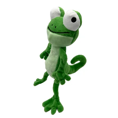 Grünes Plüschspielzeug in Form eines Frosches mit grossen Augen und einem lächelnden Gesicht.