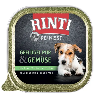 Rinti Finest Geflügel pur & Gemüse, helle Filetstücke, ohne Innereien, ohne Leber. Testo in tedesco sulla confezione di alimento per cani.