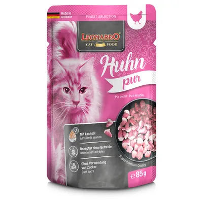 Leonardo Cat Food kuřecí maso, s lososovým olejem, receptura bez obilovin, bez přidaného cukru, super prémiová kvalita, 85g, vyrobeno v Německu.