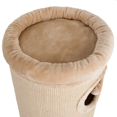 Beige cylindrical scratching post with a soft padded top and an entrance hole on the side.