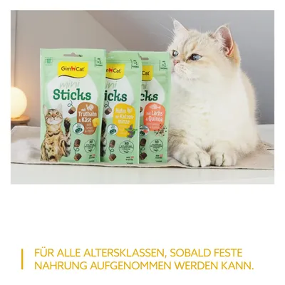 GimCat Mini Sticks in drie varianten: kalkoen & kaas, kip met kattenkruid, zalm & quinoa. Voor alle leeftijden zodra vast voedsel gegeten kan worden.