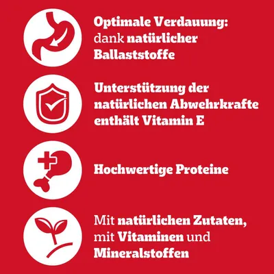 Optimale Verdauung dank natürlicher Ballaststoffe, Unterstützung der Abwehrkräfte mit Vitamin E, hochwertige Proteine, natürliche Zutaten mit Vitaminen und Mineralstoffen.