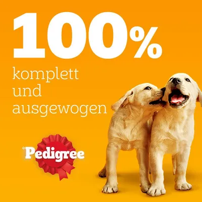 100% komplett und ausgewogen. Pedigree Logo mit zwei spielenden Welpen vor orangefarbenem Hintergrund.