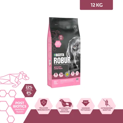 Bozita Robur Weight Control, 12 kg, für erwachsene Hunde. Postbiotics, 22% Protein, 8% Fett, täglicher Immunschutz, gesunde Verdauung, geringer Fettgehalt, getreidefreie Rezeptur.