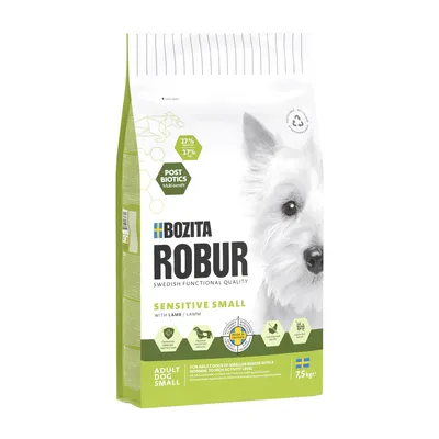 Bozita Robur Sensitive Small báránnyal, 7,5 kg. Kis testű kutyafajtáknak normál vagy magas aktivitással. Postbiotics Multi-Benefit, Svédországban készült.