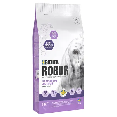Bozita Robur Sensitive Active Lamm, calitate funcțională suedeză. 30% proteină, 20% grăsime, Postbiotics Multi-Benefit. Pentru câini sensibili activi, pachet de 12 kg.